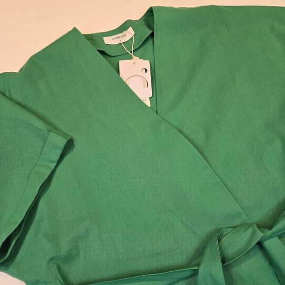 Commense Short Sleeve Linen Blend Tie-Waist Wrap Top Size Small Kelly Green NWT - Picture 3 of 7
